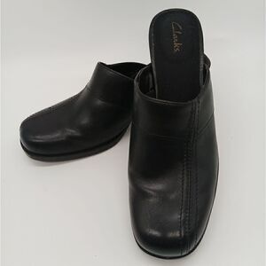 EUC CLARKS Black Leather MINGLE Open Back Heel Clogs 8M